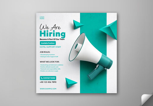 Editable We&rsquo;re Hiring Social Media Post Template with Available Positions Announcement on White and Cyan Background.