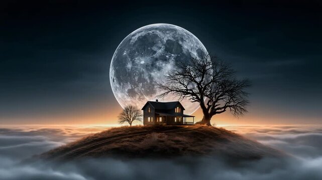 Rural Farmhouse Silhouette Against Full Moon and Fog