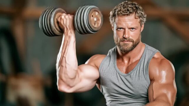 Man Weight Training in Rustic Garage Gym