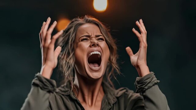 Young Woman Screaming in Dark Basement Under Bulb