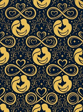 Romantic seamless pattern with gold silhouettes of a loving couple