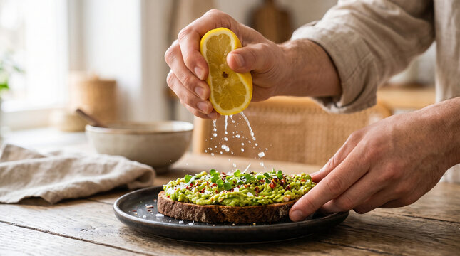 Person Squeezing Lemon Over Avocado Toast.