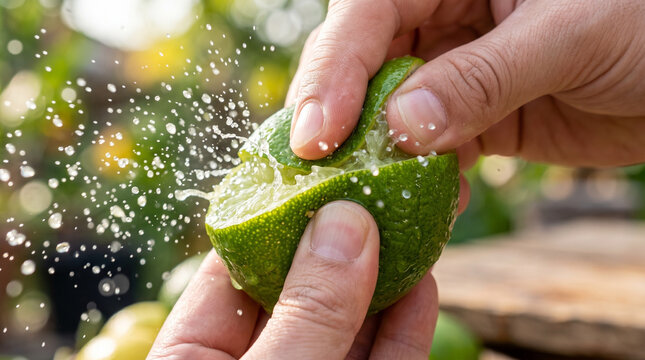 Squeezing a fresh lime with juice splashing.