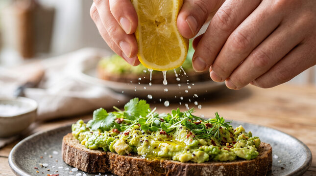 Squeezing fresh lemon juice onto avocado toast.