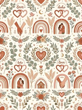 Boho romantic seamless pattern with hearts rainbows and couples