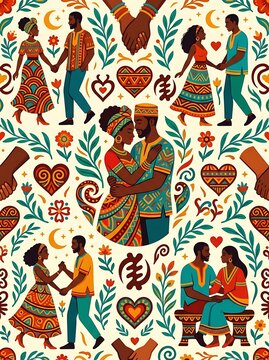 Seamless pattern of romantic african couples in traditional clothing