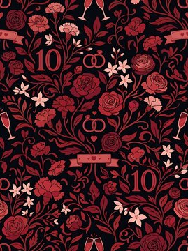 Tenth anniversary seamless pattern with red roses and wedding motifs