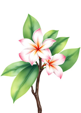 Pink and white plumeria flowers on a branch