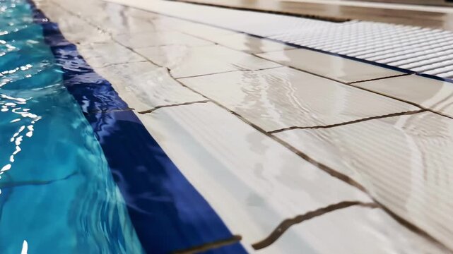 View of pool edge with blue water surface and white tiled deck area, ripples caused by movement splashing on wet tiles, light reflections on liquid surface slow motion