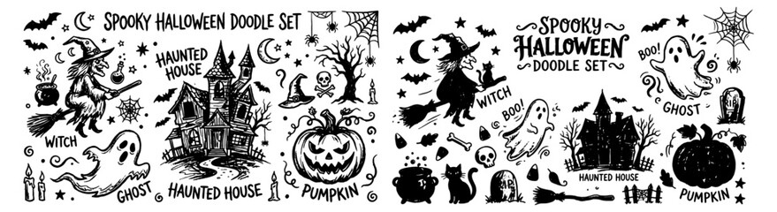 Obraz premium Spooky Halloween Doodle Set With Witch Ghost Haunted House Pumpkin Hand-Drawn Sketches 