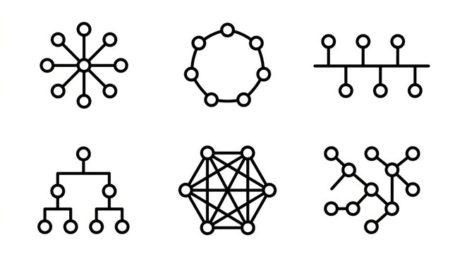 Collection of various geometric and molecular network structure diagrams in black and white.