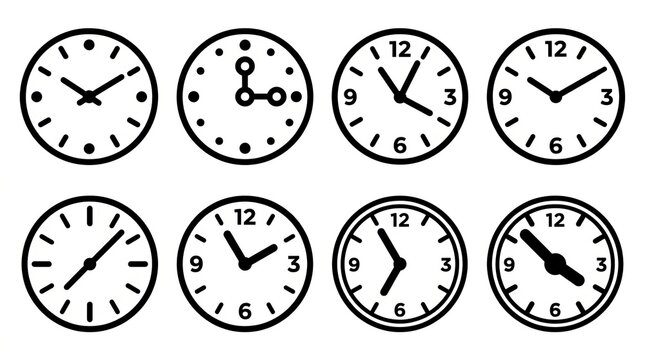 Collection of hand drawn analog clock faces showing various times and styles.