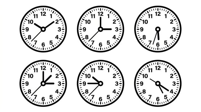 Collection of nine hand-drawn analog clock faces showing various times and styles.