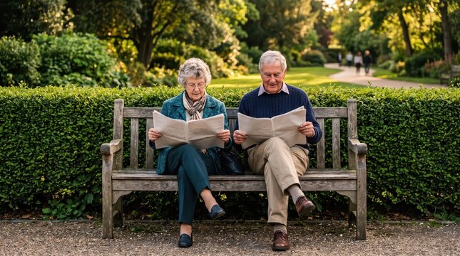 Elderly couple sitting on wooden park bench reading newspapers during calm autumn afternoon in public garden sharing a quiet moment together