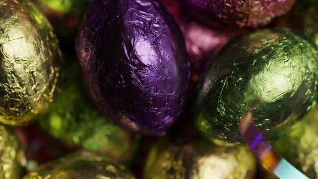 Colorful foil wrapped chocolate eggs rotating with pink tinsel