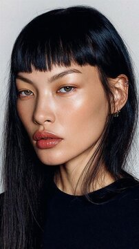 Young woman with black hair and bangs in modern fashion beauty portrait