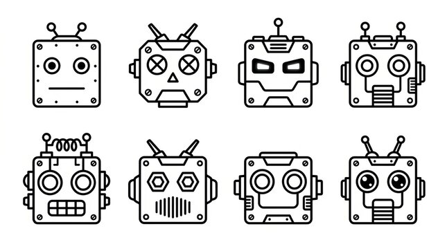 Collection of cute robot cartoon faces with various emotional expressions.
