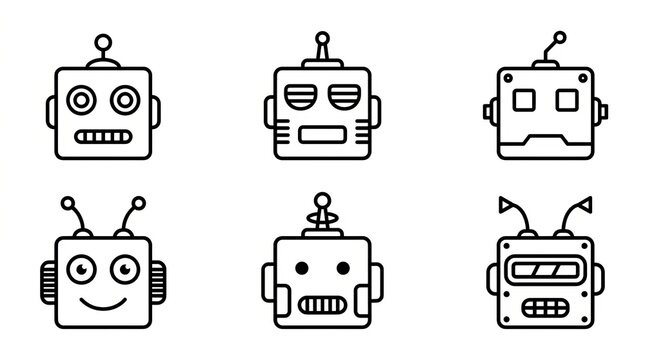 Collection of Six Cute Robot Characters with Various Facial Expressions and Designs.