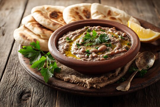 Delicious Middle Eastern fava bean dip with pita bread and lemon served on a wooden plate.