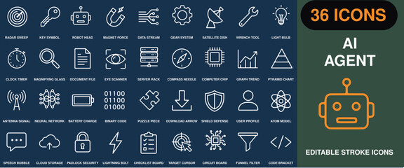 Naklejka premium AI agent icons set, robot head, data stream, eye scanner, server rack, computer chip, neural network, cloud storage, Web icon, App icon, Outline icon, Editable stroke, Vector EPS