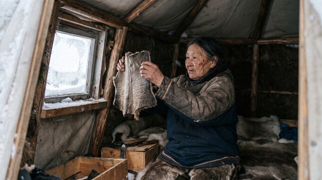 Elderly Indigenous Siberian Woman Inspecting Animal Hide Fur Inside Traditional Chum Shelter in Arctic Winter