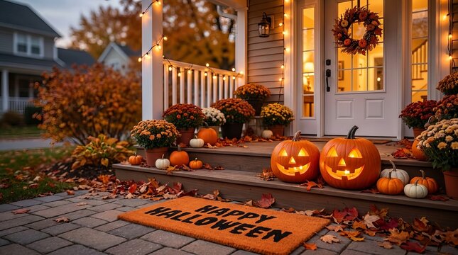 Halloween Front Porch with Jack-o'-Lanterns