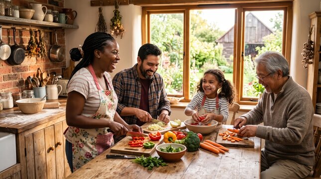 Multigenerational family preparing vegetables together in rustic kitchen with parents and grandparents teaching child cooking skills, warm domestic daytime meal preparation scene