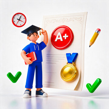 3D student with language exam certificate A plus grade isolated on white background language test success render