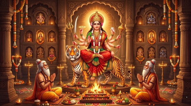 Goddess Durga Riding Tiger in Sacred Hindu Temple with Devotees Performing Traditional Navratri Puja Ritual