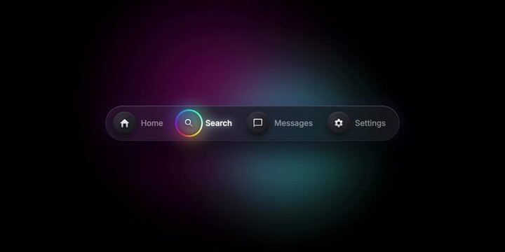 Modern UI navigation bar design featuring a dynamic, glowing search button animation with vibrant neon colors, perfect for futuristic app interfaces