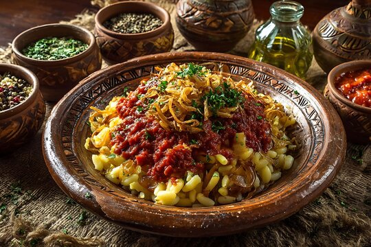 Delicious Egyptian Kushari dish served in a rustic setting with traditional pottery and warm lighting.
