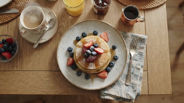 View of breakfast pancakes with berries and maple syrup on a wooden table blueberries
