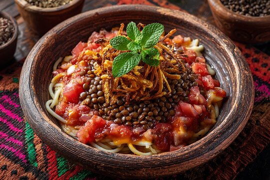 Kushari, a traditional Egyptian dish with lentils, pasta, tomatoes, and fried onions, garnished with fresh mint.