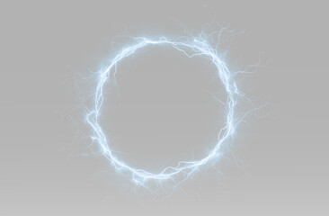 Naklejka premium Blue electric circle with glowing lightning ring, bright energy arcs, plasma sparks, powerful electrical discharge and futuristic portal effect