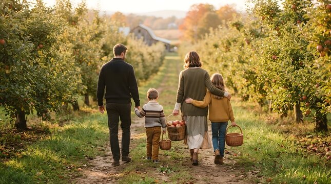 Family walking through an apple orchard carrying wicker baskets during the autumn