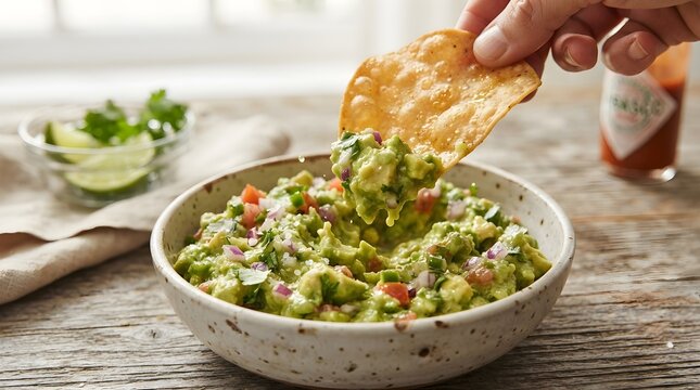 Hand dipping a crispy tortilla chip into a bowl of fresh homemade guacamole dip
