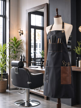 Black hairstylist apron with tools on a mannequin in a modern salon. Professional hairdresser uniform with scissors and combs. Barbershop interior with styling chair and mirror