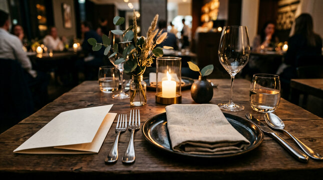 Elegant dining table setting with candle, wine glasses and menu in restaurant