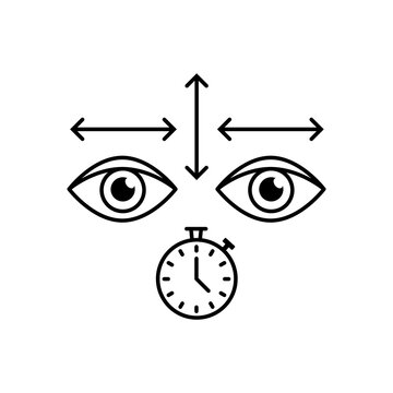 Minimalist line art illustration representing directional eye movement exercises and timer for eye strain prevention.