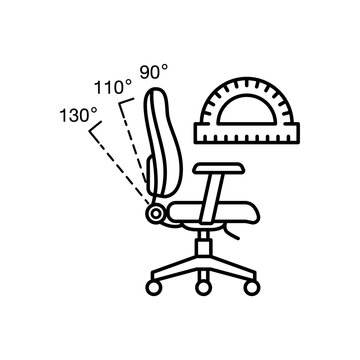 Minimal line icon showing an office chair backrest recline angles with protractor measurement symbols.
