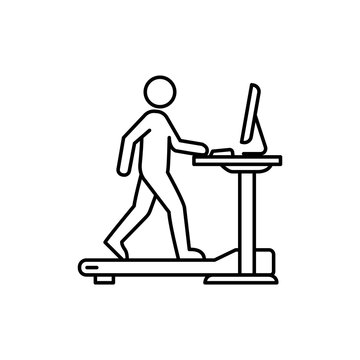 Line art illustration of a person walking on a treadmill while using a standing desk at work.