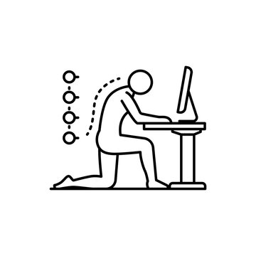Minimalist line illustration of a person performing a dynamic back stretch at a desk workspace.