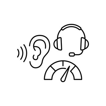 Line icon featuring an ear, headset, sound waves, and a decibel meter indicator for hearing protection.