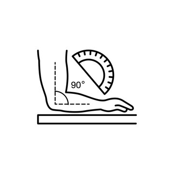 Minimal line icon depicting the correct ninety degree elbow joint angle for ergonomic desk work position. 