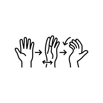 Minimalist line icon demonstrating step by step hand and wrist stretching movements for RSI prevention.