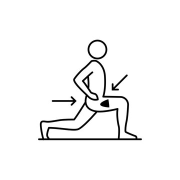 Minimalist line art icon showing a person performing a hip flexor lunge exercise during a workday break. 