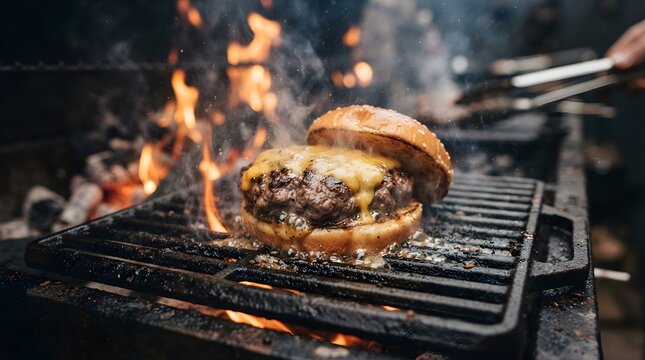 Close up of a beef burger patty grilling on a hot metal barbecue with bright flames