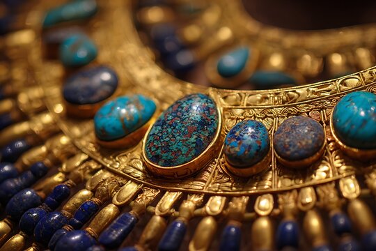 Close-up of an ornate golden collar necklace adorned with turquoise and lapis lazuli gemstones, showcasing ancient craftsmanship.