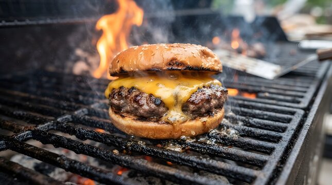 Juicy beef burger patty grilling on a hot metal barbecue with rising smoke and flames