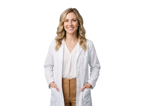 Caucasian female blonde doctor wearing white lab coat smiling